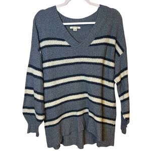 American Eagle Blue Cream Stripe V-Neck Relaxed Fit Knit Sweater S